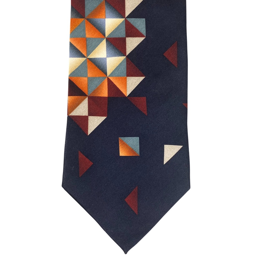 VTG Stacy Adams Mens Silk Tie Black Orange Geometric Abstract Triangle 90s‎ 57x4
